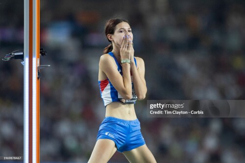 BUDAPEST, HUNGARY: August 27: Angelina Topic of Serbia reacts after a failed attempt in the Women's High Jump Final during the World Athletics Championships, at the National Athletics Centre on August 27th, 2023 in Budapest, Hungary. (Photo by Tim Clayton/Corbis via Getty Images)