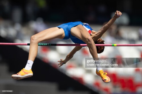 BUDAPEST, HUNGARY:  August 25:  Angelina Topic of Serbia in action during Women's High Jump qualification at the World Athletics Championships, at the National Athletics Centre on August 25th, 2023 in Budapest, Hungary. (Photo by Tim Clayton/Corbis via Getty Images)