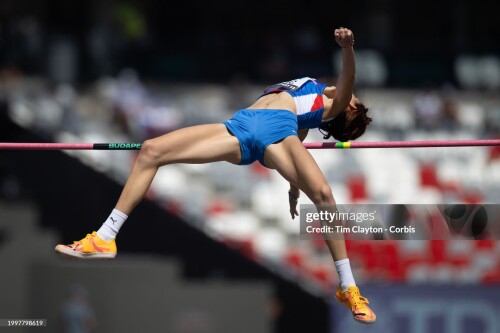 BUDAPEST, HUNGARY:  August 25:  Angelina Topic of Serbia in action during Women's High Jump qualification at the World Athletics Championships, at the National Athletics Centre on August 25th, 2023 in Budapest, Hungary. (Photo by Tim Clayton/Corbis via Getty Images)