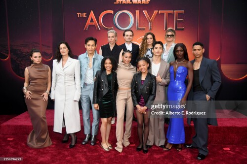 LOS ANGELES, CALIFORNIA - MAY 23: (L-R) Dafne Keen, Carrie-Anne Moss, Lee Jung-jae, Leah Brady, Rebecca Henderson, Amandla Stenberg, Dean-Charles Chapman, Lauren Brady, Margarita Levieva, Manny Jacinto, Leslye Headland, Jodie Turner-Smith and Charlie Barnett attend the launch event for Lucasfilm's new Star Wars series The Acolyte at the El Capitan Theatre in Hollywood, California on May 23, 2024.  (Photo by Alberto E. Rodriguez/Getty Images for Disney)