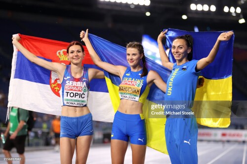 ROME, ITALY - JUNE 09: (L-R) Silver medallist, Angelina Topic of Team Serbia, gold medallist, Yaroslava Mahuchikh of Team Ukraine and bronze medallist, Iryna Gerashchenko of Team Ukraine pose for a photo after the Women's High Jump Final on day three of the 26th European Athletics Championships - Rome 2024 at Stadio Olimpico on June 09, 2024 in Rome, Italy.  (Photo by Michael Steele/Getty Images)