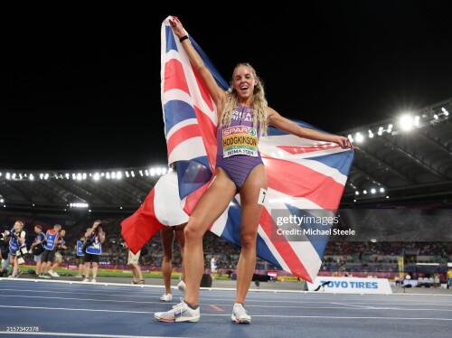 ROME, ITALY - JUNE 12: Gold medalist Keely Hodgkinson of Team Great Britain celebrates winning the Women's 800m Final on day six of the 26th European Athletics Championships - Rome 2024 at Stadio Olimpico on June 12, 2024 in Rome, Italy.  (Photo by Michael Steele/Getty Images)