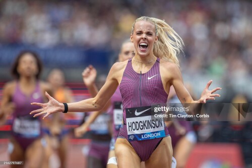 LONDON, ENGLAND: JULY 20:  Keely Hodgkinson of Great Britain celebrates winning the 800m for women competition in a new national record of 1.56.61 during the Wanda Diamond League, London Athletics Meet at the London Stadium on July 20th, 2024,  in London, England. (Photo by Tim Clayton/Corbis via Getty Images)