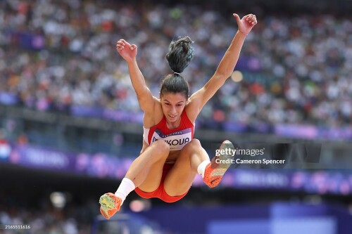 PARIS, FRANCE - AUGUST 06: Plamena Mitkova of Team Bulgaria competes during the Women's Long Jump Qualification on day eleven of the Olympic Games Paris 2024 at Stade de France on August 06, 2024 in Paris, France. (Photo by Cameron Spencer/Getty Images)