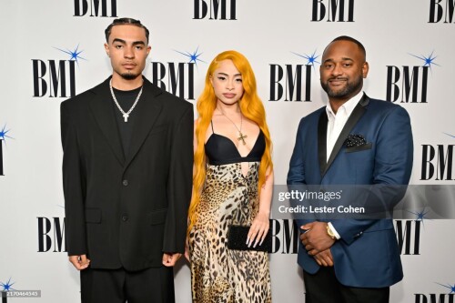 LOS ANGELES, CALIFORNIA - SEPTEMBER 05: (L-R) RIOTUSA Ice Spice, and Byron Wright, Executive Director, Creative, BMI Atlanta, attend the 2024 BMI R&B/Hip-Hop Awards at Fairmont Century Plaza on September 05, 2024 in Los Angeles, California.  (Photo by Lester Cohen/Getty Images for BMI)