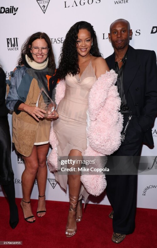 NEW YORK, NEW YORK - SEPTEMBER 06: (L-R) Katie Grand, Rihanna and Jahleel Weaver attend The Daily Front Row's 11th Annual Fashion Media Awards at The Rainbow Room on September 06, 2024 in New York City.  (Photo by Mike Coppola/Getty Images for The Daily Front Row)