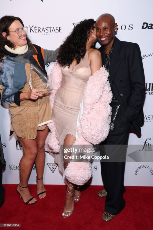 NEW YORK, NEW YORK - SEPTEMBER 06: (L-R) Katie Grand, Rihanna and Jahleel Weaver attend The Daily Front Row's 11th Annual Fashion Media Awards at The Rainbow Room on September 06, 2024 in New York City.  (Photo by Mike Coppola/Getty Images for The Daily Front Row)