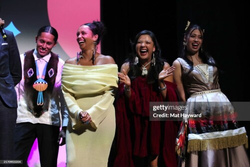 TORONTO, ONTARIO - SEPTEMBER 08: (L-R) Avery Hale, Zoey Reyes, Natalie Benally and Amber Midthunder speak onstage during Netflix's "Rez Ball" world premiere during the Toronto International Film Festival at Royal Alexandra Theatre on September 08, 2024 in Toronto, Ontario. (Photo by Mat Hayward/Getty Images for Netflix)