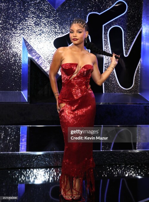 ELMONT, NEW YORK - SEPTEMBER 11: Halle Bailey attends the 2024 MTV Video Music Awards at UBS Arena on September 11, 2024 in Elmont, New York. (Photo by Kevin Mazur/Getty Images for MTV)