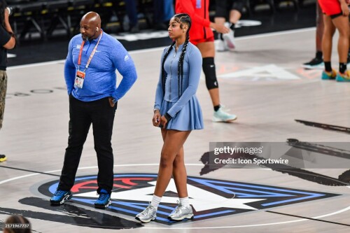 College Park, GA  SEPTEMBER 17:  Injured Chicago player Angel Reese looks on prior to the start of the WNBA game between the Chicago Sky and the Atlanta Dream on September 17th, 2024 at Gateway Center Arena in College Park, GA. (Photo by Rich von Biberstein/Icon Sportswire via Getty Images)