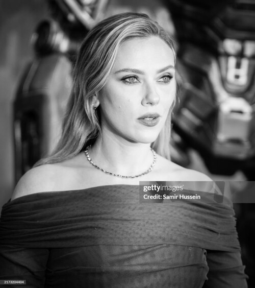 LONDON, ENGLAND - SEPTEMBER 19:  (EDITORS NOTE: Image has been converted to black and white)  Scarlett Johansson attends the European Premiere of "Transformers One" at Cineworld Leicester Square on September 19, 2024 in London, England. (Photo by Samir Hussein/Getty Images)