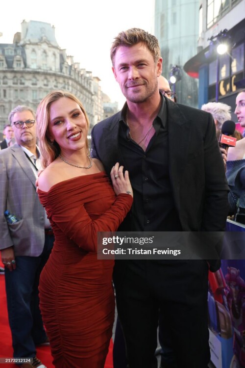 LONDON, ENGLAND - SEPTEMBER 19: Scarlett Johansson and Chris Hemsworth attend the European Premiere of "Transformers One" at Cineworld Cinemas on September 19, 2024, in London, England. (Photo by Tristan Fewings/Getty Images for Paramount Pictures)