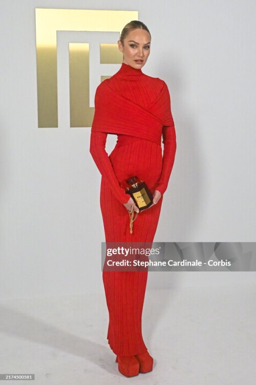 PARIS, FRANCE - SEPTEMBER 25: (EDITORIAL USE ONLY - For Non-Editorial use please seek approval from Fashion House) Candice Swanepoel attends the Balmain Womenswear Spring-Summer 2025 show as part of Paris Fashion Week on September 25, 2024 in Paris, France. (Photo by Stephane Cardinale - Corbis/Corbis via Getty Images)