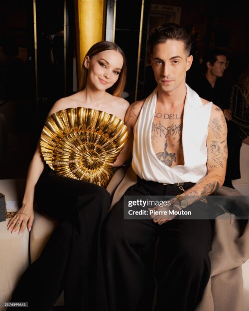 PARIS, FRANCE - SEPTEMBER 25: Dove Cameron and Damiano David attend the Balmain Womenswear Spring-Summer 2025 show as part of Paris Fashion Week on September 25, 2024 in Paris, France. (Photo by Pierre Mouton/Getty Images for Balmain)