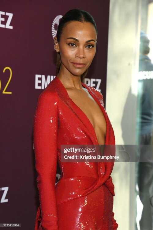 Zoe Saldana at the "Emilia P?rez" red carpet premiere held during the 62nd New York Film Festival at Alice Tully Hall on September 30, 2024 in New York City. (Photo by Kristina Bumphrey/Variety via Getty Images)