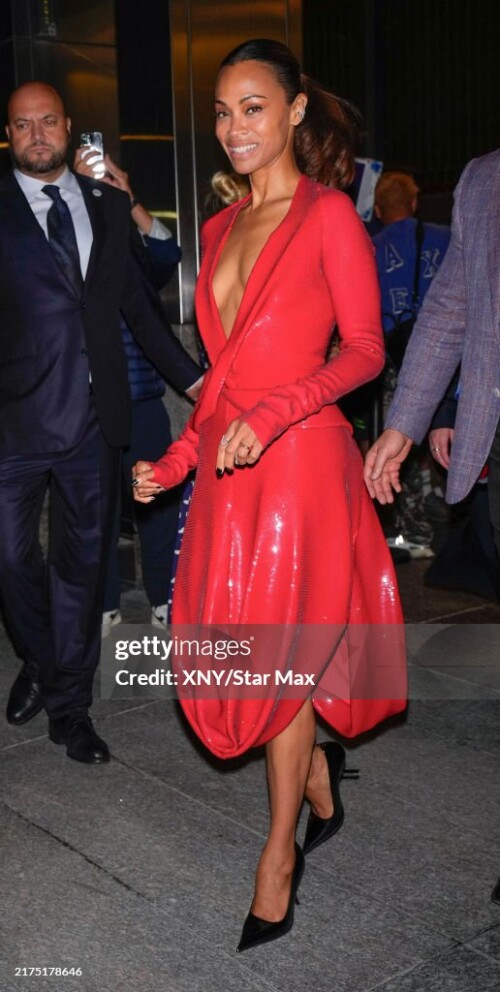 NEW YORK, NY - SEPTEMBER 30:  Zoe Saldana is seen on September 30, 2024 in New York City.  (Photo by XNY/Star Max/GC Images)