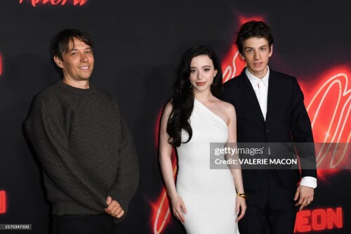 (L-R) Director Sean Baker, actors Mikey Madison and Mark Eidelstein attend Beyond Fest's West Coast premiere of "Anora" at the Vista theatre in Los Angeles, October 1, 2024. (Photo by VALERIE MACON / AFP) (Photo by VALERIE MACON/AFP via Getty Images)