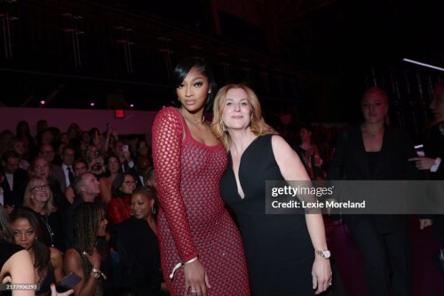Eboni Nichols, Angel Reese and Hillary Super at the Victoria's Secret Fashion Show held at the Brooklyn Navy Yard on October 15, 2024 in New York, New York. (Photo by Lexie Moreland/WWD via Getty Images)