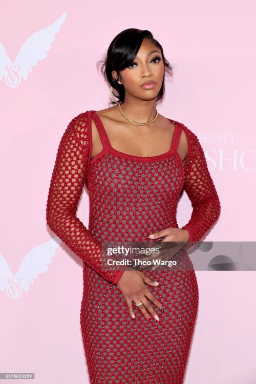 BROOKLYN, NEW YORK - OCTOBER 15: Angel Reese attends the Victoria's Secret Fashion Show 2024 at Duggal Greenhouse on October 15, 2024 in Brooklyn, New York. (Photo by Theo Wargo/Getty Images)