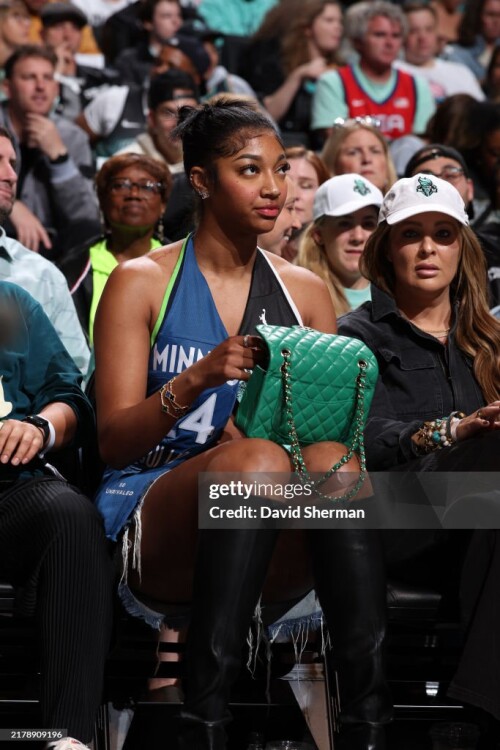 BROOKLYN, NY - OCTOBER 20: Angel Reese attends a game between the Minnesota Lynx and the New York Liberty during Game 5 of the 2024 WNBA Finals on October 20, 2024 at Barclays Center in Brooklyn, New York. NOTE TO USER: User expressly acknowledges and agrees that, by downloading and or using this photograph, User is consenting to the terms and conditions of the Getty Images License Agreement. Mandatory Copyright Notice: Copyright 2024 NBAE (Photo by David Sherman/NBAE via Getty Images)