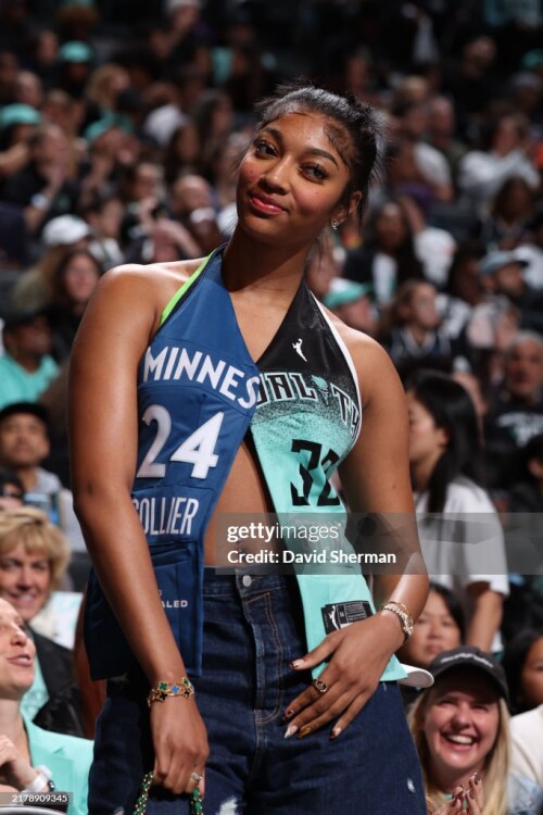 BROOKLYN, NY - OCTOBER 20: Angel Reese attends a game between the Minnesota Lynx and the New York Liberty during Game 5 of the 2024 WNBA Finals on October 20, 2024 at Barclays Center in Brooklyn, New York. NOTE TO USER: User expressly acknowledges and agrees that, by downloading and or using this photograph, User is consenting to the terms and conditions of the Getty Images License Agreement. Mandatory Copyright Notice: Copyright 2024 NBAE (Photo by David Sherman/NBAE via Getty Images)