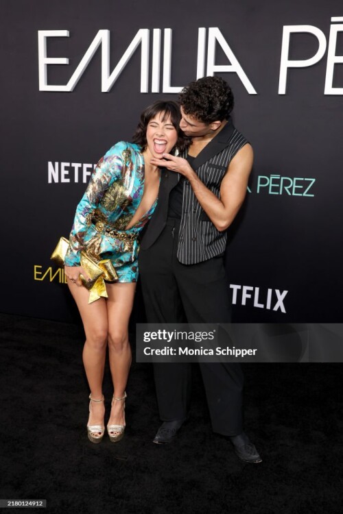 LOS ANGELES, CALIFORNIA - OCTOBER 21: (L-R) Xochitl Gomez and Ezra Sosa attend the Los Angeles Premiere of Netflix's "Emilia Perez" at The Egyptian Theatre Hollywood on October 21, 2024 in Los Angeles, California.  (Photo by Monica Schipper/Getty Images)