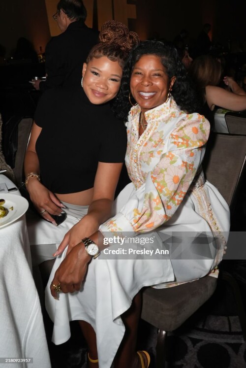 BEVERLY HILLS, CALIFORNIA - OCTOBER 24: (L-R) Storm Reid, wearing Max Mara, and Robyn Simpson attend the 2024 WIF Honors Presented by Max Mara with Visionary Sponsor ShivHans Pictures, and additional support from Amazon MGM Studios, Lexus, M&M's, Netflix, And STARZ #TakeTheLead at The Beverly Hilton on October 24, 2024 in Beverly Hills, California. (Photo by Presley Ann/Getty Images for WIF)