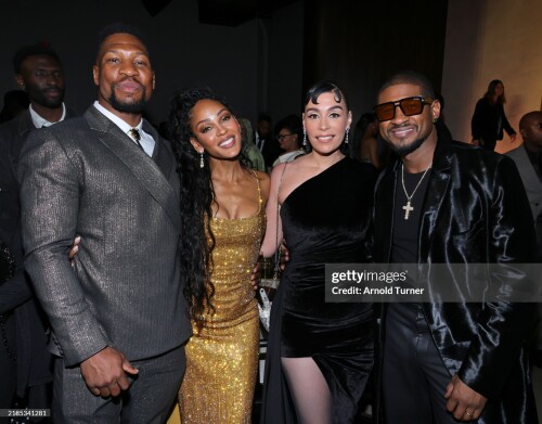 LOS ANGELES, CALIFORNIA - NOVEMBER 17: (L-R) Jonathan Majors, Meagan Good, Jennifer Goicoechea, and Usher attend EBONY Power 100 Gala 2024 at Nya Studios on November 17, 2024 in Los Angeles, California. (Photo by Arnold Turner/Getty Images for EBONY)