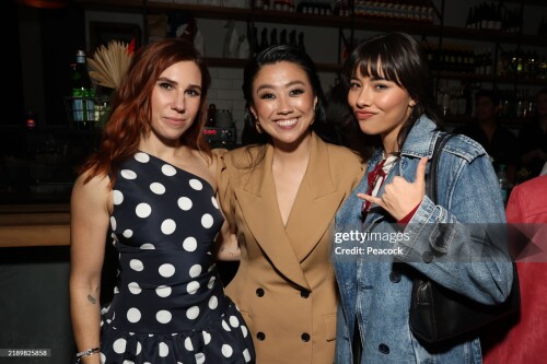 LAID -- "Laid Premiere" -- Pictured: (l-r) Zosia Mamet, Sherry Cola, Xochitl Gomez at Zinque on December 16, 2024 -- (Photo by: Todd Williamson/Peacock via Getty Images)