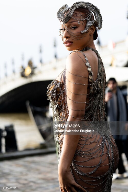 PARIS, FRANCE - JANUARY 29: Megan Thee Stallion wears a brown corset bodysuit, a silver face accessory and a see-through dress adorned with jewels outside the Gaurav Gupta show during Haute Couture Spring-Summer 2025 as part of  Paris Fashion Week on January 29, 2025 in Paris, France. (Photo by Valentina Frugiuele/Getty Images)