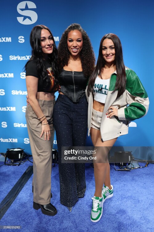 NEW ORLEANS, LOUISIANA - FEBRUARY 07: (L-R) Brie Garcia, MJ Acosta-Ruiz and Nikki Garcia at SiriusXM on radio row at Super Bowl LIX on February 07, 2025 in New Orleans, Louisiana. (Photo by Cindy Ord/Getty Images for SiriusXM)