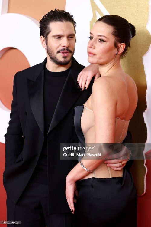 PARIS, FRANCE - FEBRUARY 28: (L-R) Francois Civil and Adele Exarchopoulos arrive at the 50th Cesar Film Awards at L'Olympia on February 28, 2025 in Paris, France. (Photo by Marc Piasecki/WireImage)