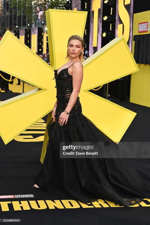 LONDON, ENGLAND - APRIL 22: Florence Pugh attends the European Premiere of "Thunderbolts*" at Cineworld Leicester Square on April 22, 2025 in London, England. (Photo by Dave Benett/WireImage)