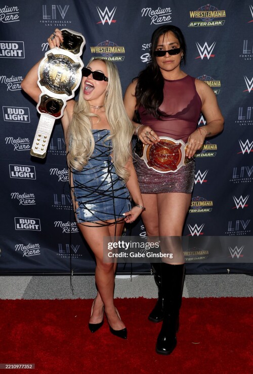 LAS VEGAS, NEVADA - APRIL 19: WWE Women's Tag Team Champions Liv Morgan (L) and Raquel Rodriguez attend WrestleMania After Dark Las Vegas Hall Of Fame event featuring Metro Boomin at LIV Nightclub at Fontainebleau Las Vegas on April 19, 2025 in Las Vegas, Nevada. (Photo by Gabe Ginsberg/Getty Images)
