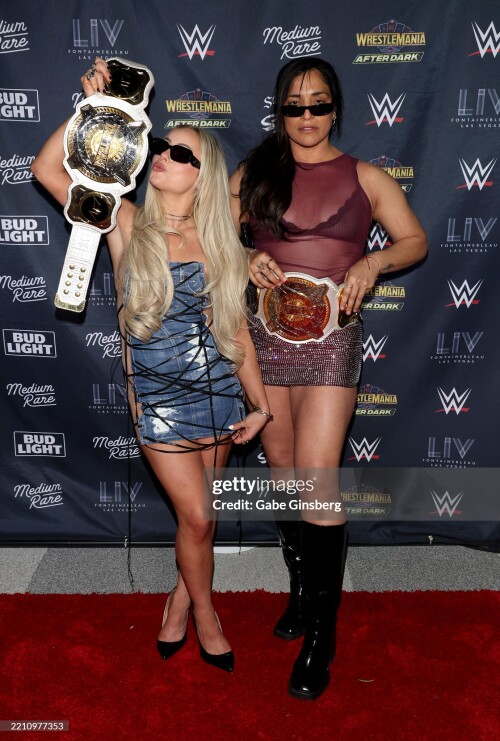 LAS VEGAS, NEVADA - APRIL 19: WWE Women's Tag Team Champions Liv Morgan (L) and Raquel Rodriguez attend WrestleMania After Dark Las Vegas Hall Of Fame event featuring Metro Boomin at LIV Nightclub at Fontainebleau Las Vegas on April 19, 2025 in Las Vegas, Nevada. (Photo by Gabe Ginsberg/Getty Images)
