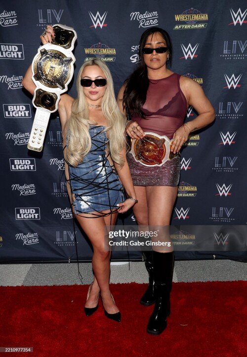 LAS VEGAS, NEVADA - APRIL 19: WWE Women's Tag Team Champions Liv Morgan (L) and Raquel Rodriguez attend WrestleMania After Dark Las Vegas Hall Of Fame event featuring Metro Boomin at LIV Nightclub at Fontainebleau Las Vegas on April 19, 2025 in Las Vegas, Nevada. (Photo by Gabe Ginsberg/Getty Images)