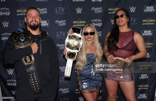 LAS VEGAS, NEVADA - APRIL 19: (L-R) WWE Intercontinental Champion Bron Breakker, WWE Women's Tag Team Champions Liv Morgan and Raquel Rodriguez attend WrestleMania After Dark Las Vegas Hall Of Fame event featuring Metro Boomin at LIV Nightclub at Fontainebleau Las Vegas on April 19, 2025 in Las Vegas, Nevada. (Photo by Gabe Ginsberg/Getty Images)