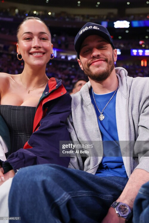 NEW YORK, NEW YORK - MAY 16: Elsie Hewitt and Pete Davidson are seen as the Boston Celtics take on the New York Knicks in the first quarter of Game Six of the Eastern Conference Second Round NBA Playoffs at Madison Square Garden on May 16, 2025 in New York City. NOTE TO USER: User expressly acknowledges and agrees that, by downloading and or using this photograph, User is consenting to the terms and conditions of the Getty Images License Agreement. (Photo by Al Bello/Getty Images)