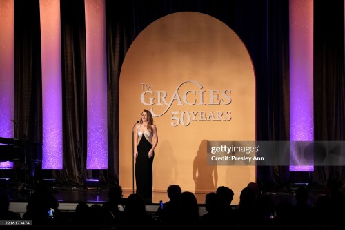 BEVERLY HILLS, CALIFORNIA - MAY 20: Joey King speaks onstage during the Alliance for Women in Media Foundation's 50th Annual Gracie Awards at the Beverly Wilshire, a Four Seasons Hotel on May 20, 2025 in Beverly Hills, California. (Photo by Presley Ann/Getty Images for Alliance for Women in Media Foundation)