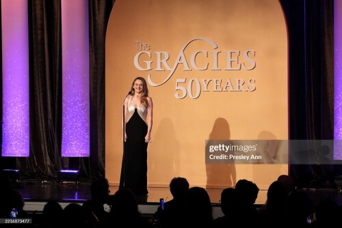 BEVERLY HILLS, CALIFORNIA - MAY 20: Joey King speaks onstage during the Alliance for Women in Media Foundation's 50th Annual Gracie Awards at the Beverly Wilshire, a Four Seasons Hotel on May 20, 2025 in Beverly Hills, California. (Photo by Presley Ann/Getty Images for Alliance for Women in Media Foundation)