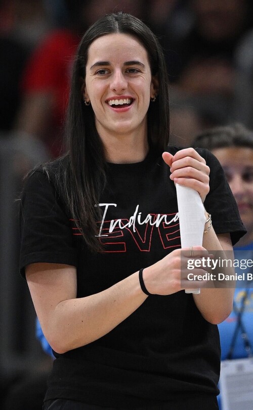 CHICAGO, ILLINOIS - JUNE 07: Caitlin Clark #22 of the Indiana Fever looks on during a break in play against the Chicago Sky at the United Center on June 07, 2025 in Chicago, Illinois. NOTE TO USER: User expressly acknowledges and agrees that, by downloading and or using this photograph, user is consenting to the terms and conditions of the Getty Images License Agreement. (Photo by Daniel Bartel/Getty Images)