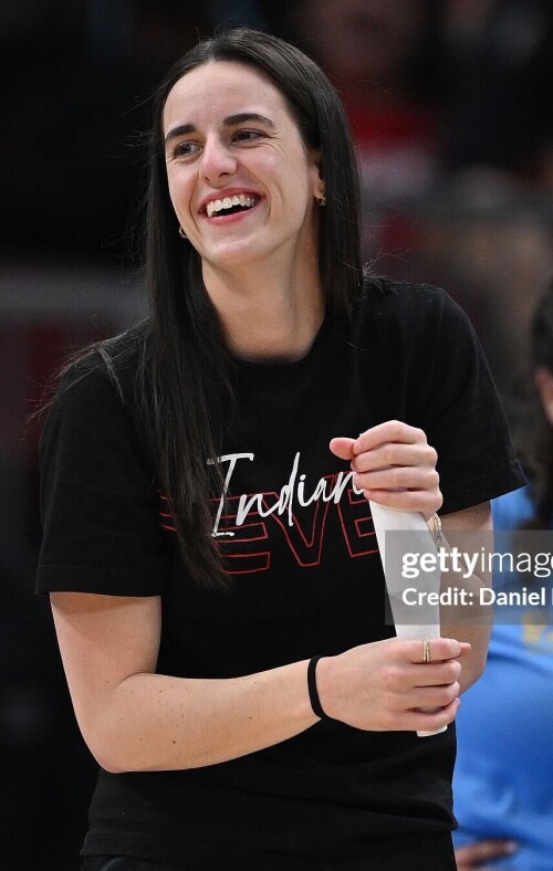 CHICAGO, ILLINOIS - JUNE 07: Caitlin Clark #22 of the Indiana Fever looks on during a break in play against the Chicago Sky at the United Center on June 07, 2025 in Chicago, Illinois. NOTE TO USER: User expressly acknowledges and agrees that, by downloading and or using this photograph, user is consenting to the terms and conditions of the Getty Images License Agreement. (Photo by Daniel Bartel/Getty Images)