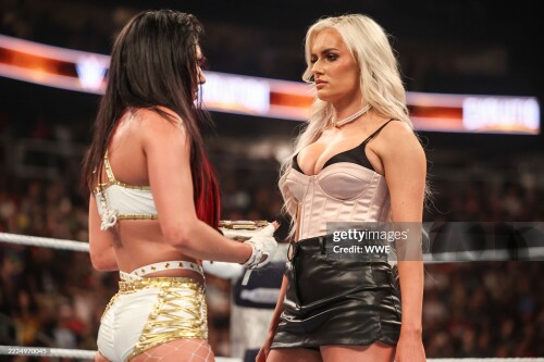 ATLANTA, GEORGIA - JULY 13: Jacy Jayne and Blake Monroe face off during WWE Evolution at State Farm Arena on July 13, 2025 in Atlanta, Georgia. (Photo by Andrea Kellaway/WWE via Getty Images)