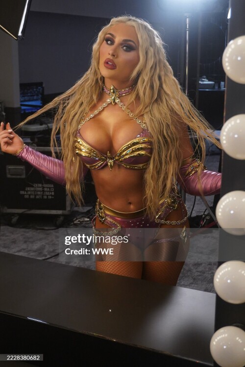 LYON, FRANCE- MAY 4: Tiffany Stratton poses for portraits backstage during Backlash on May 4, 2024 at the LDLC Arena in Lyon, France. (Photo by WWE via Getty Images)