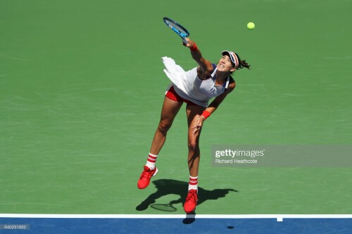 NEW YORK, NY - AUGUST 28: Garbine Muguruza of Spain serves during the first round Women's Singles match against Varvara Lepchenko of the United States on Day One of the 2017 US Open at the USTA Billie Jean King National Tennis Center on August 28, 2017 in the Flushing neighborhood of the Queens borough of New York City.  (Photo by Richard Heathcote/Getty Images)