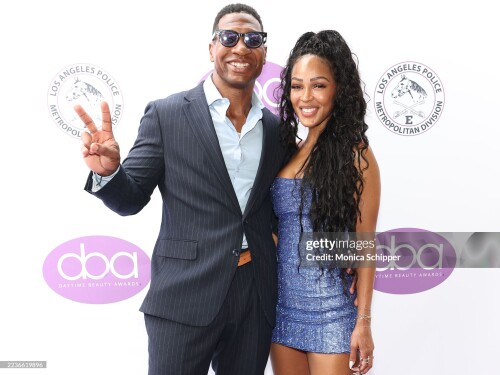 LOS ANGELES, CALIFORNIA - SEPTEMBER 21: (L-R) Jonathan Majors and Meagan Good attend the 7th Daytime Beauty Awards at Grand Venue on September 21, 2025 in Los Angeles, California. (Photo by Monica Schipper/Getty Images)