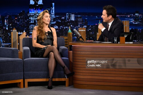 THE TONIGHT SHOW STARRING JIMMY FALLON -- Episode 2143 -- Pictured: (l-r) Singer-songwriter Miley Cyrus during an interview with host Jimmy Fallon on Wednesday, June 4, 2025 -- (Photo by: Todd Owyoung/NBC via Getty Images)