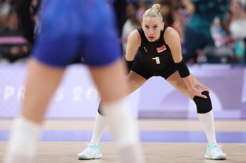 PARIS, FRANCE - JULY 29: Gizem Orge of Team T?rkiye looks on during the Women?s Preliminary Round - Pool C match between Team T?rkiye and Team Netherlands on day three of the Olympic Games Paris 2024 at Paris Arena on July 29, 2024 in Paris, France. (Photo by Christian Petersen/Getty Images)