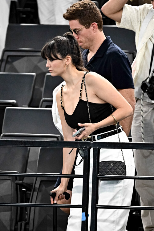Nina Dobrev with a walking stick and Shaun White look on during the Artistic Gymnastics Women's Qualification on day two of the Olympic Games Paris 2024 at Bercy Arena on July 28, 2024 in Paris, France. Photo by David Niviere/ABACAPRESS.COM
