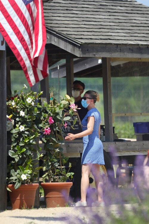 06/25/2020 EXCLUSIVE: Scarlett Johansson picks up flowers and groceries at a farmer's market in The Hamptons. The 35 year old actress wore a face mask and recycled a blue polka dot dress that she wore a few weeks earlier. sales@theimagedirect.com Please byline:TheImageDirect.com*EXCLUSIVE PLEASE EMAIL sales@theimagedirect.com FOR FEES BEFORE USE